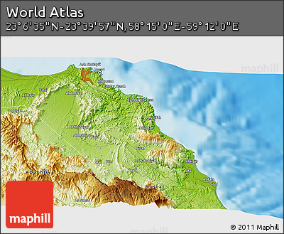Physical 3D Map of the Area around 23° 23' 16" N, 58° 43' 30" E