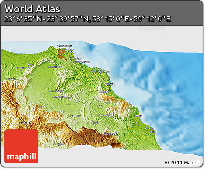 Physical 3D Map of the Area around 23° 23' 16" N, 58° 43' 30" E