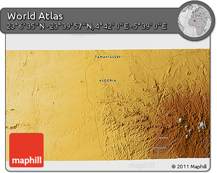 Physical 3D Map of the Area around 23° 23' 16" N, 5° 10' 30" E