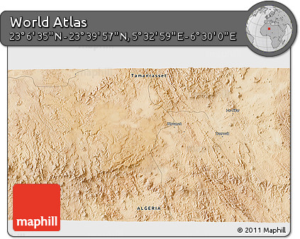 Satellite 3D Map of the Area around 23° 23' 16" N, 6° 1' 30" E
