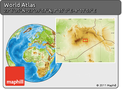 Physical Location Map of the Area around 23° 23' 16" N, 7° 43' 29" E