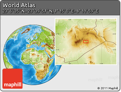 Physical Location Map of the Area around 23° 23' 16" N, 7° 43' 29" E
