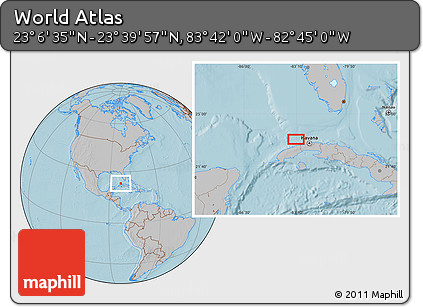 Gray Location Map of the Area around 23° 23' 16" N, 83° 13' 29" W, hill shading
