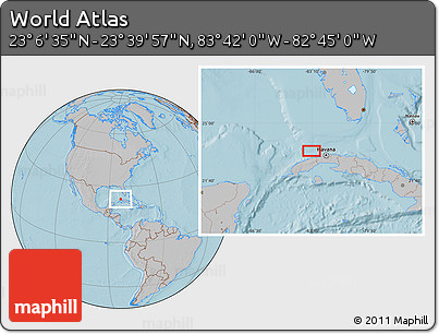 Gray Location Map of the Area around 23° 23' 16" N, 83° 13' 29" W, hill shading