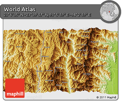 Physical 3D Map of the Area around 23° 23' 16" N, 93° 34' 29" E