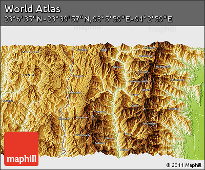 Physical 3D Map of the Area around 23° 23' 16" N, 93° 34' 29" E