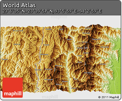 Physical 3D Map of the Area around 23° 23' 16" N, 93° 34' 29" E