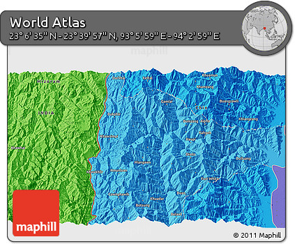Political 3D Map of the Area around 23° 23' 16" N, 93° 34' 29" E