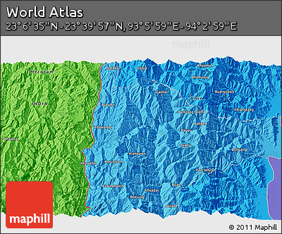Political 3D Map of the Area around 23° 23' 16" N, 93° 34' 29" E