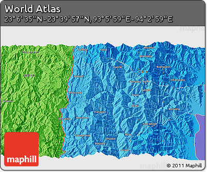 Political 3D Map of the Area around 23° 23' 16" N, 93° 34' 29" E