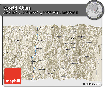 Shaded Relief 3D Map of the Area around 23° 23' 16" N, 93° 34' 29" E