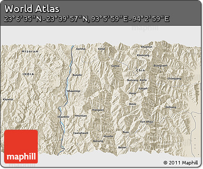 Shaded Relief 3D Map of the Area around 23° 23' 16" N, 93° 34' 29" E