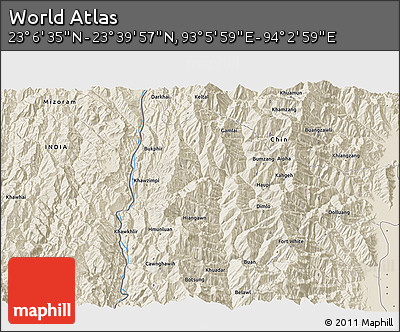 Shaded Relief 3D Map of the Area around 23° 23' 16" N, 93° 34' 29" E