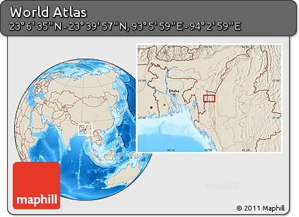 Shaded Relief Location Map of the Area around 23° 23' 16" N, 93° 34' 29" E