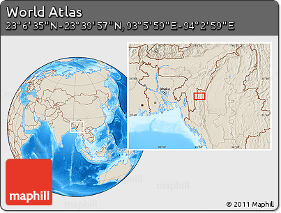 Shaded Relief Location Map of the Area around 23° 23' 16" N, 93° 34' 29" E