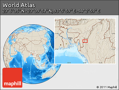 Shaded Relief Location Map of the Area around 23° 23' 16" N, 93° 34' 29" E