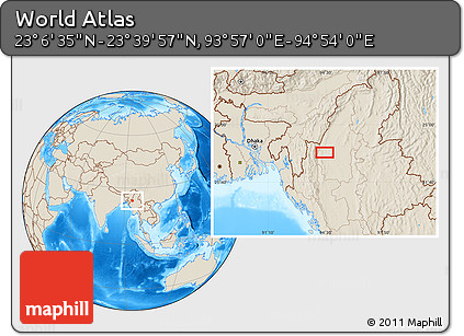 Shaded Relief Location Map of the Area around 23° 23' 16" N, 94° 25' 30" E