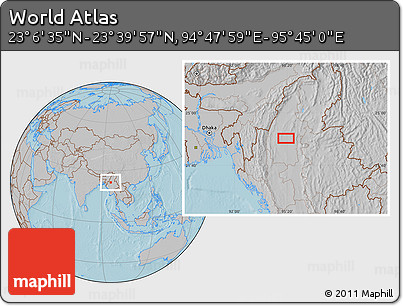 Gray Location Map of the Area around 23° 23' 16" N, 95° 16' 30" E, hill shading
