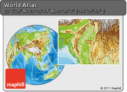 Physical Location Map of the Area around 23° 23' 16" N, 96° 7' 30" E