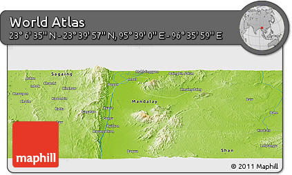 Physical Panoramic Map of the Area around 23° 23' 16" N, 96° 7' 30" E