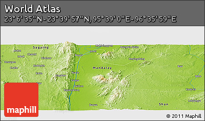 Physical Panoramic Map of the Area around 23° 23' 16" N, 96° 7' 30" E