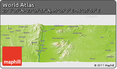 Physical Panoramic Map of the Area around 23° 23' 16" N, 96° 7' 30" E