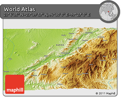 Physical 3D Map of the Area around 23° 23' 16" N, 96° 58' 29" E