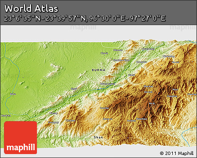 Physical 3D Map of the Area around 23° 23' 16" N, 96° 58' 29" E