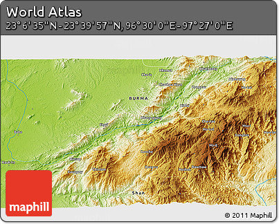 Physical 3D Map of the Area around 23° 23' 16" N, 96° 58' 29" E
