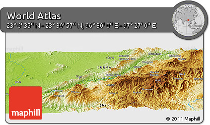 Physical Panoramic Map of the Area around 23° 23' 16" N, 96° 58' 29" E