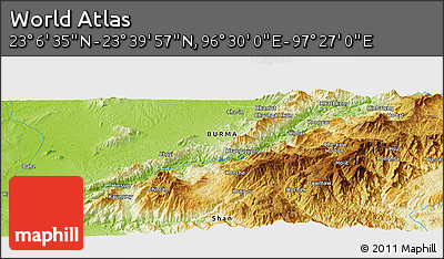 Physical Panoramic Map of the Area around 23° 23' 16" N, 96° 58' 29" E