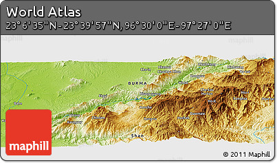 Physical Panoramic Map of the Area around 23° 23' 16" N, 96° 58' 29" E