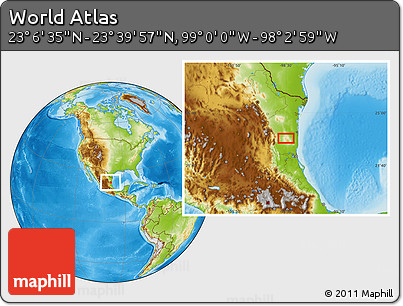 Physical Location Map of the Area around 23° 23' 16" N, 98° 31' 30" W