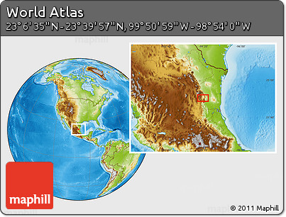 Physical Location Map of the Area around 23° 23' 16" N, 99° 22' 30" W