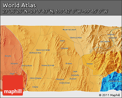 Political 3D Map of the Area around 23° 53' 5" N, 100° 13' 29" W
