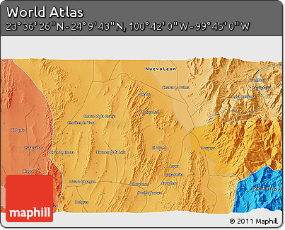 Political 3D Map of the Area around 23° 53' 5" N, 100° 13' 29" W