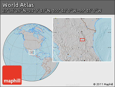 Gray Location Map of the Area around 23° 53' 5" N, 100° 13' 29" W, hill shading