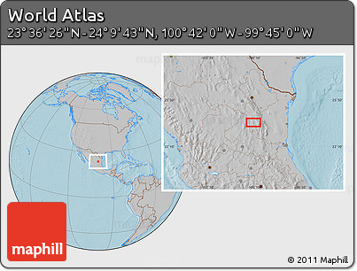 Gray Location Map of the Area around 23° 53' 5" N, 100° 13' 29" W, hill shading