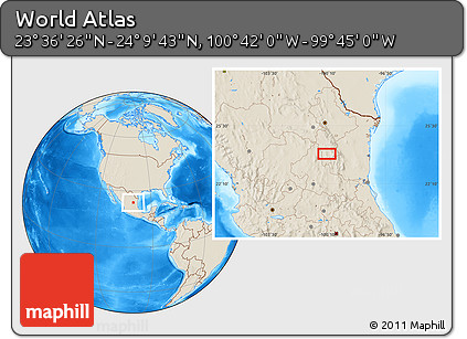 Shaded Relief Location Map of the Area around 23° 53' 5" N, 100° 13' 29" W