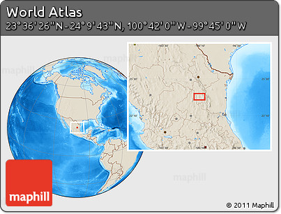 Shaded Relief Location Map of the Area around 23° 53' 5" N, 100° 13' 29" W