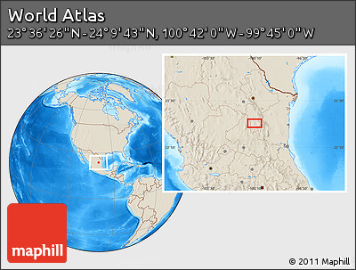 Shaded Relief Location Map of the Area around 23° 53' 5" N, 100° 13' 29" W