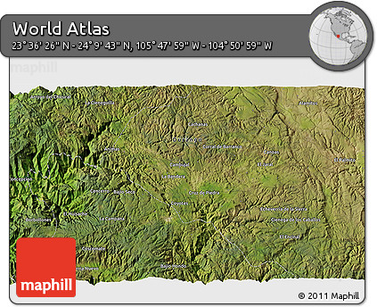 Satellite 3D Map of the Area around 23° 53' 5" N, 105° 19' 29" W