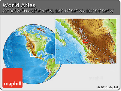 Physical Location Map of the Area around 23° 53' 5" N, 105° 19' 29" W