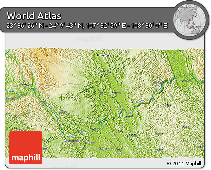 Physical 3D Map of the Area around 23° 53' 5" N, 108° 1' 30" E