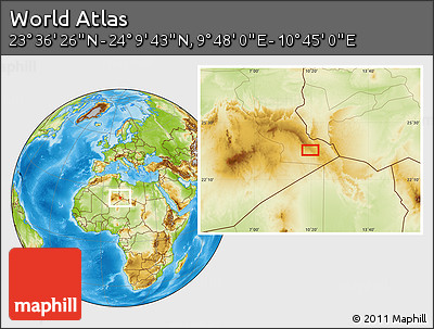 Physical Location Map of the Area around 23° 53' 5" N, 10° 16' 30" E