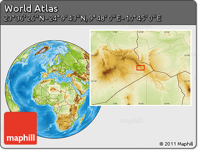 Physical Location Map of the Area around 23° 53' 5" N, 10° 16' 30" E
