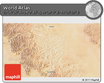 Satellite 3D Map of the Area around 23° 53' 5" N, 11° 7' 30" E