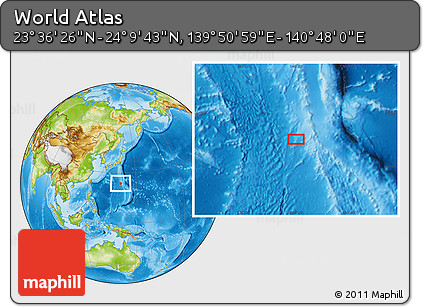 Physical Location Map of the Area around 23° 53' 5" N, 140° 19' 29" E
