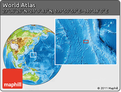 Physical Location Map of the Area around 23° 53' 5" N, 140° 19' 29" E