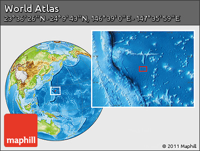 Physical Location Map of the Area around 23° 53' 5" N, 147° 7' 30" E